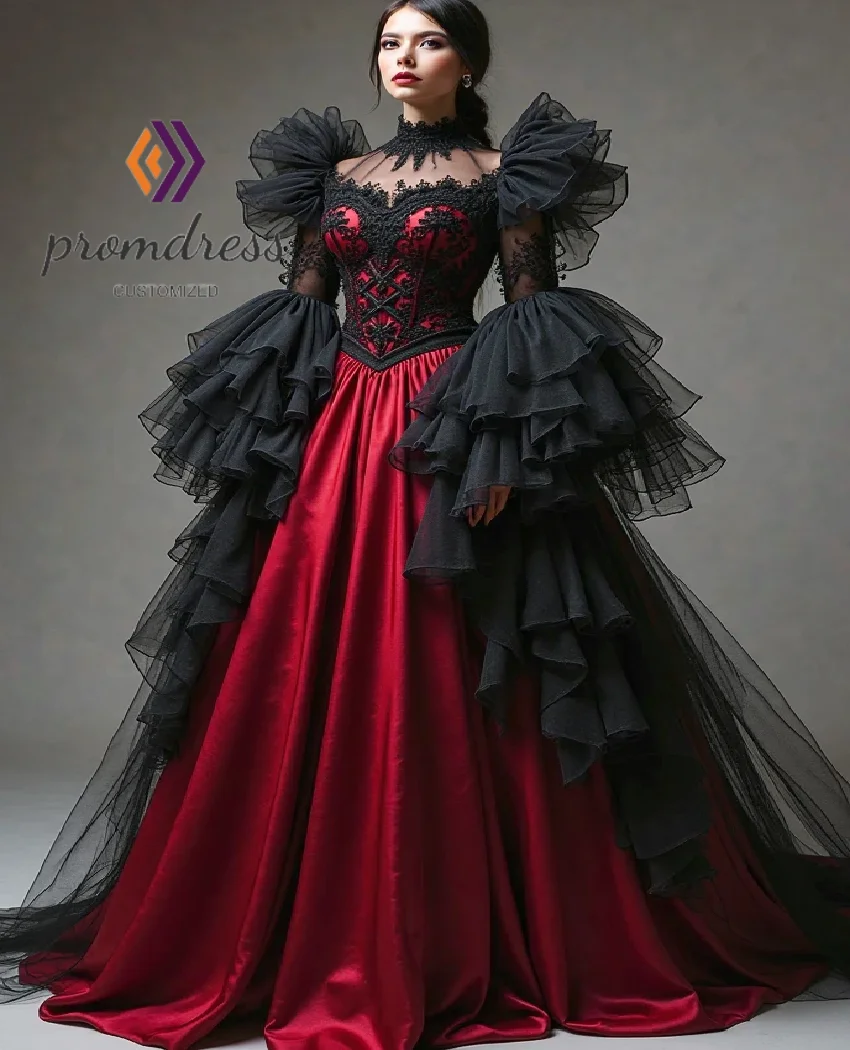 Victorian Balck And Red Gothic Wedding Dress 2025 Ruffles Long Sleeve Medieval Vampire Bridal Dress Lace Celtic Bride Customized
