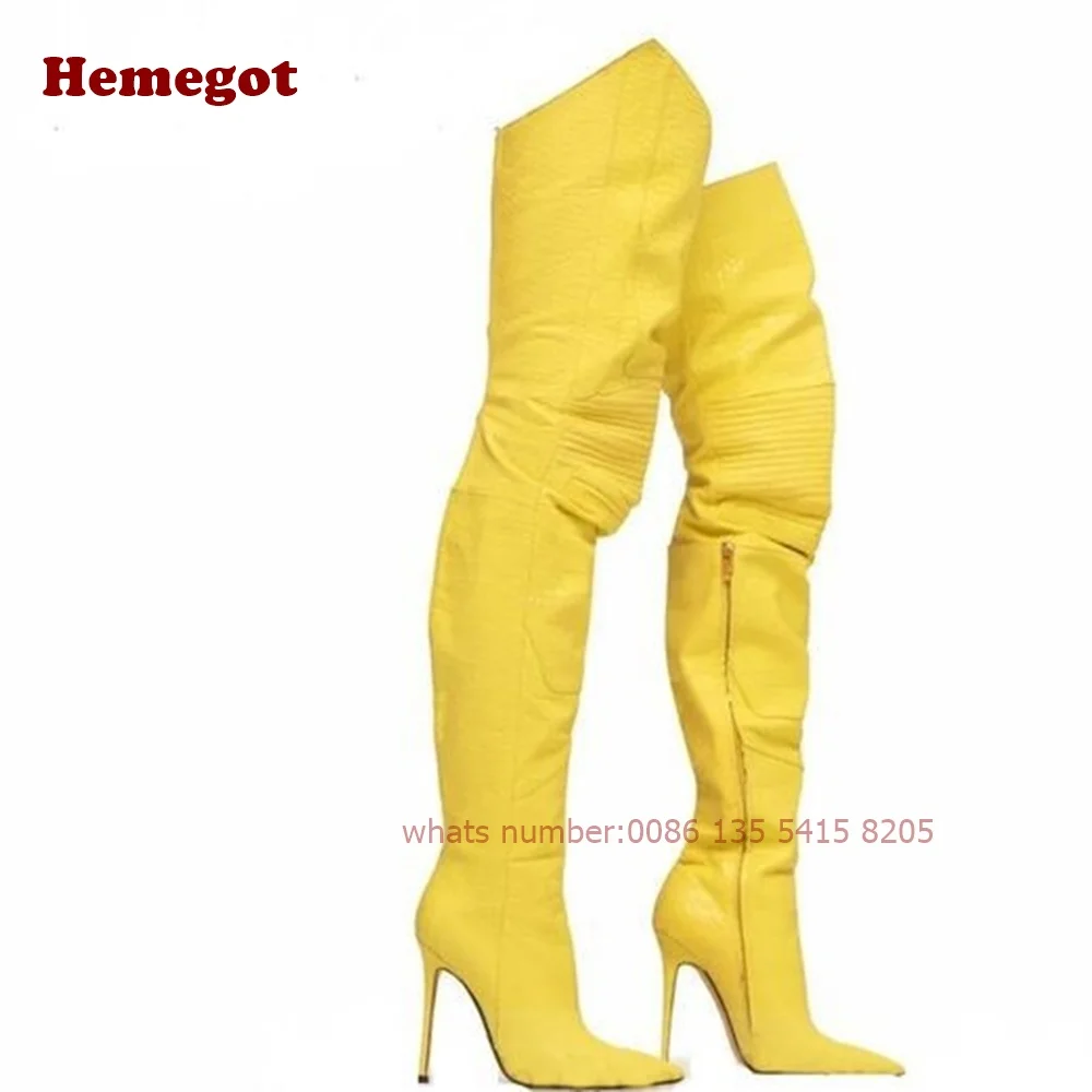 Croc-Pattern Yellow Thigh High Boots Pointy Toe Thin High Heels Side Zipper Women's Long Boots Winter Stiletto Runway Warm Shoes