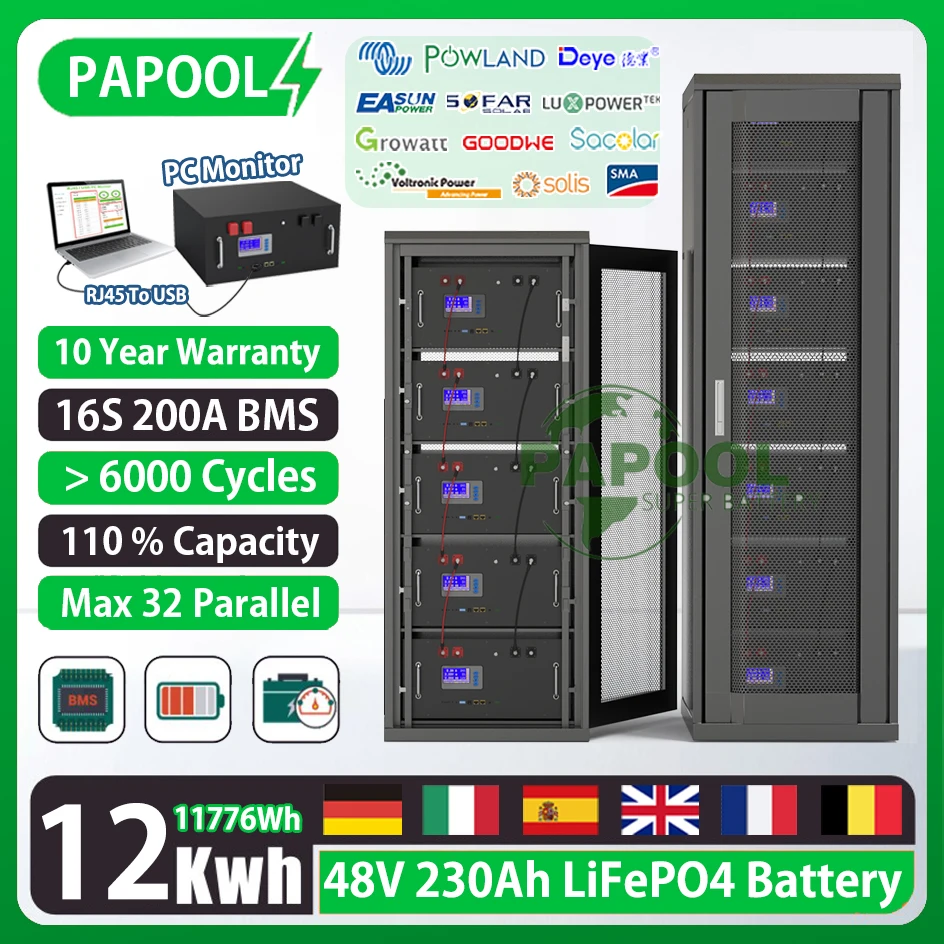 

LiFePO4 48V 230Ah 12Kwh Battery Pack 6000+ Cycles 51.2V 200Ah 100Ah 16S BMS RS485 CAN Max 32 Parallel PC Monitor EU Stock NO TAX