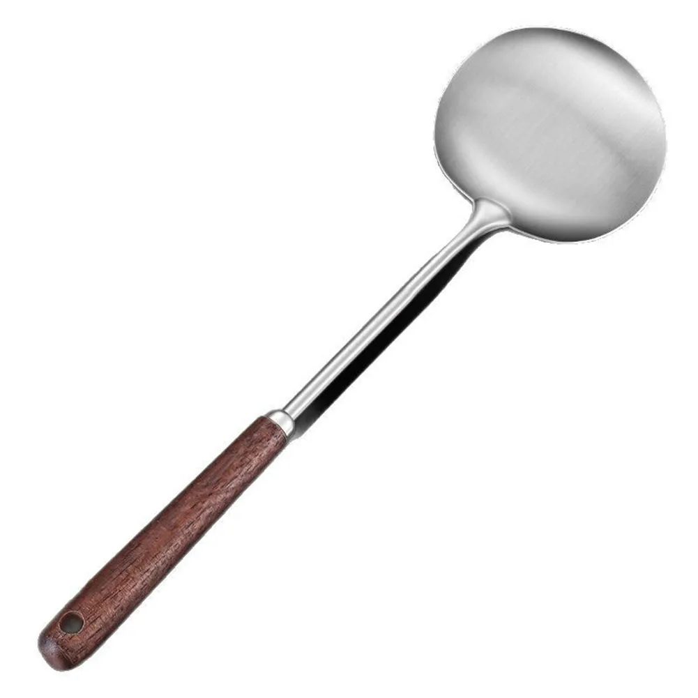 

Long handle mushroom shaped spatula with walnut wood and stainless steel for kitchen cooking tasks and wok use