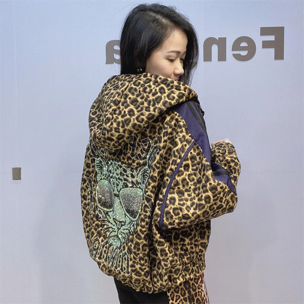 2024 New Fashion Colorblock Hot Drilling Leopard Jackets Women All-match Hooded Zip Cardigans Coat Streetwear Short Outwear