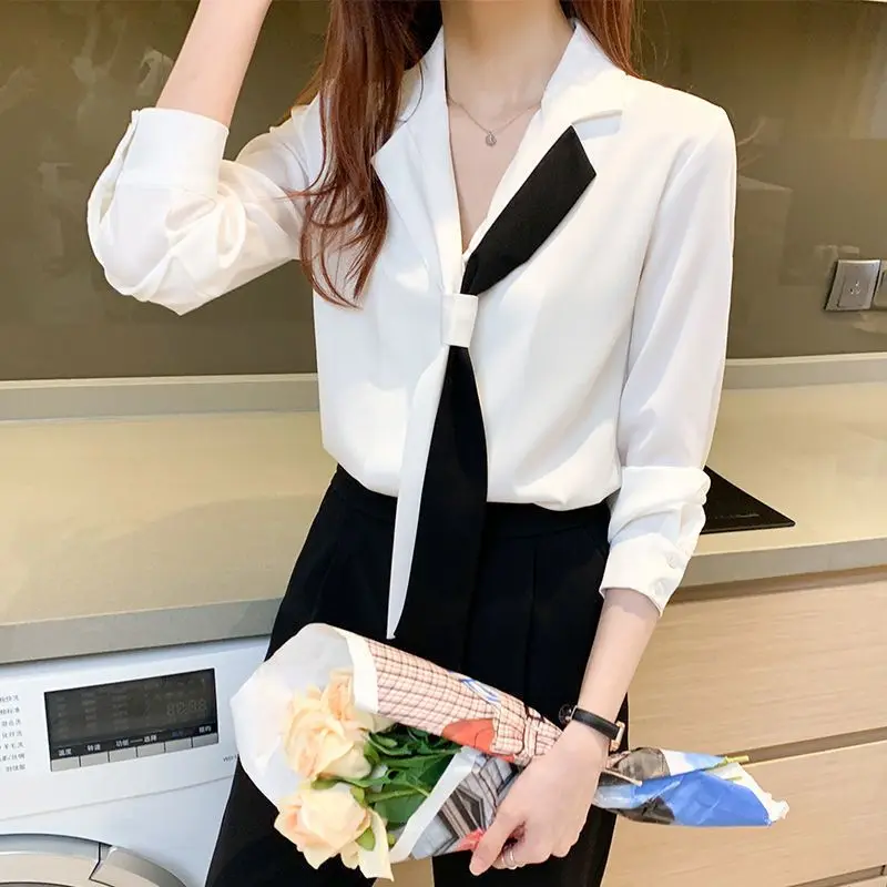 Chiffon Weiß Büro Hemd Tops Kontrast Patchwork Lose Alle-spiel Elegante Bluse Frühling Herbst Neue Koreanische Mode Frauen Kleidung