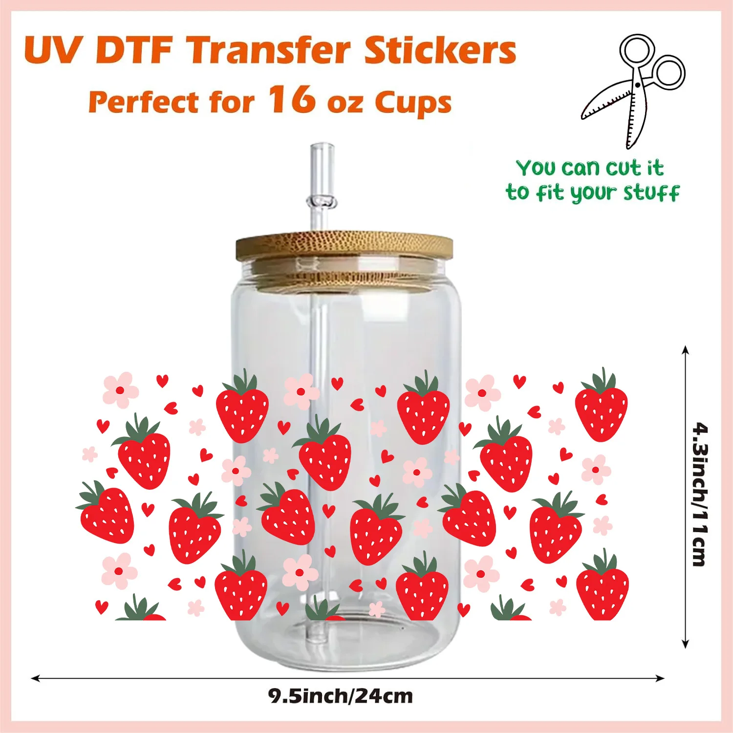 Kawaii Strawberry Design16oz Glass Cute Girl Decals for Libby Cups Waterproof UV DTF Wrap Transfers 3D Stickers