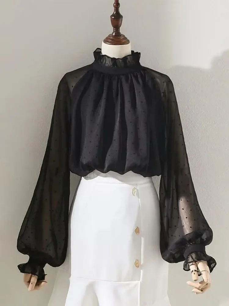 

Korean Fashion Chic Lantern Sleeve Stand Collar Thin Top Black Polka Dot Mushroom Collar Shirts Blusas Shirts & Blouses