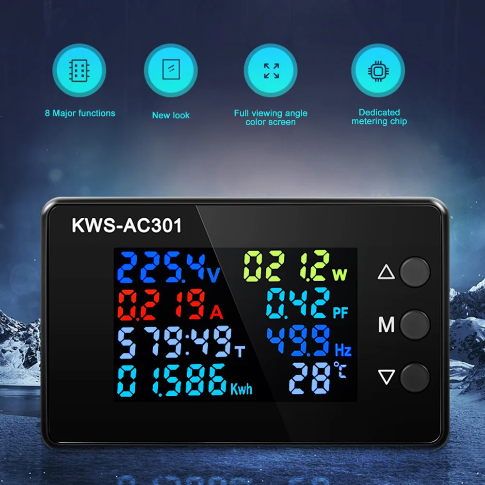 Wattmeter Medidor de Energia Voltímetro ac 50300v Tensão 5060hz Analisadores de Potência Medidor de Eletricidade ac Led 020 100a Detector Kws-ac301