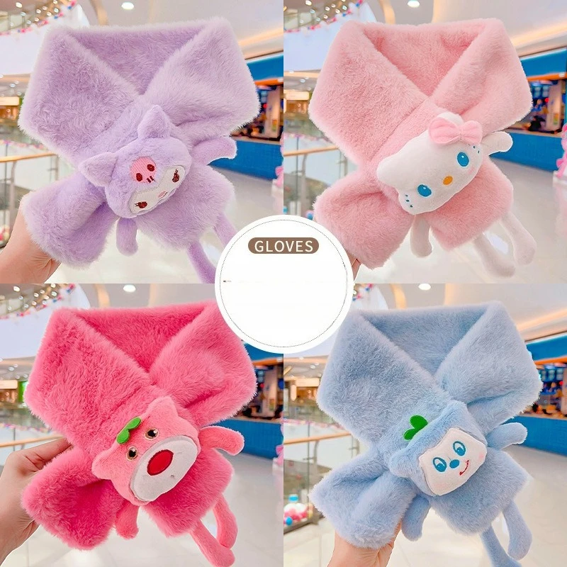 وشاح أطفال من مينيسو سانريو لطيف للغاية ولطيف فتاة ناعمة ودبقة بالإضافة إلى وشاح عصري برسوم كرتونية سميكة مخملية