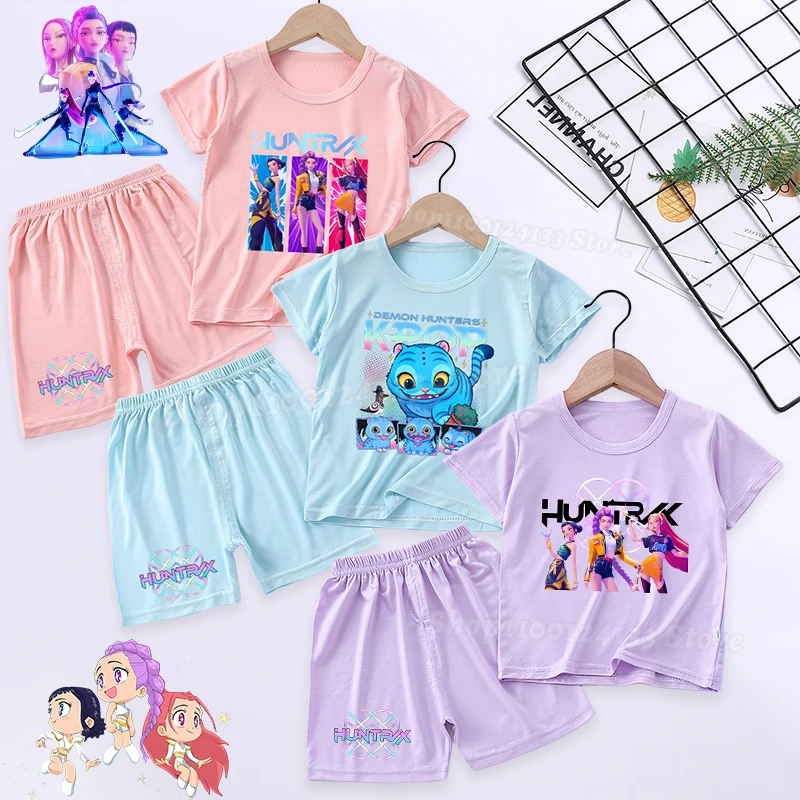 Детский пижамный комплект Demone Hunter, милая одежда для сна в стиле аниме Harajuku для мальчиков и девочек, тонкая футболка с короткими рукавами, шорты, детская одежда Y2K Kawaii