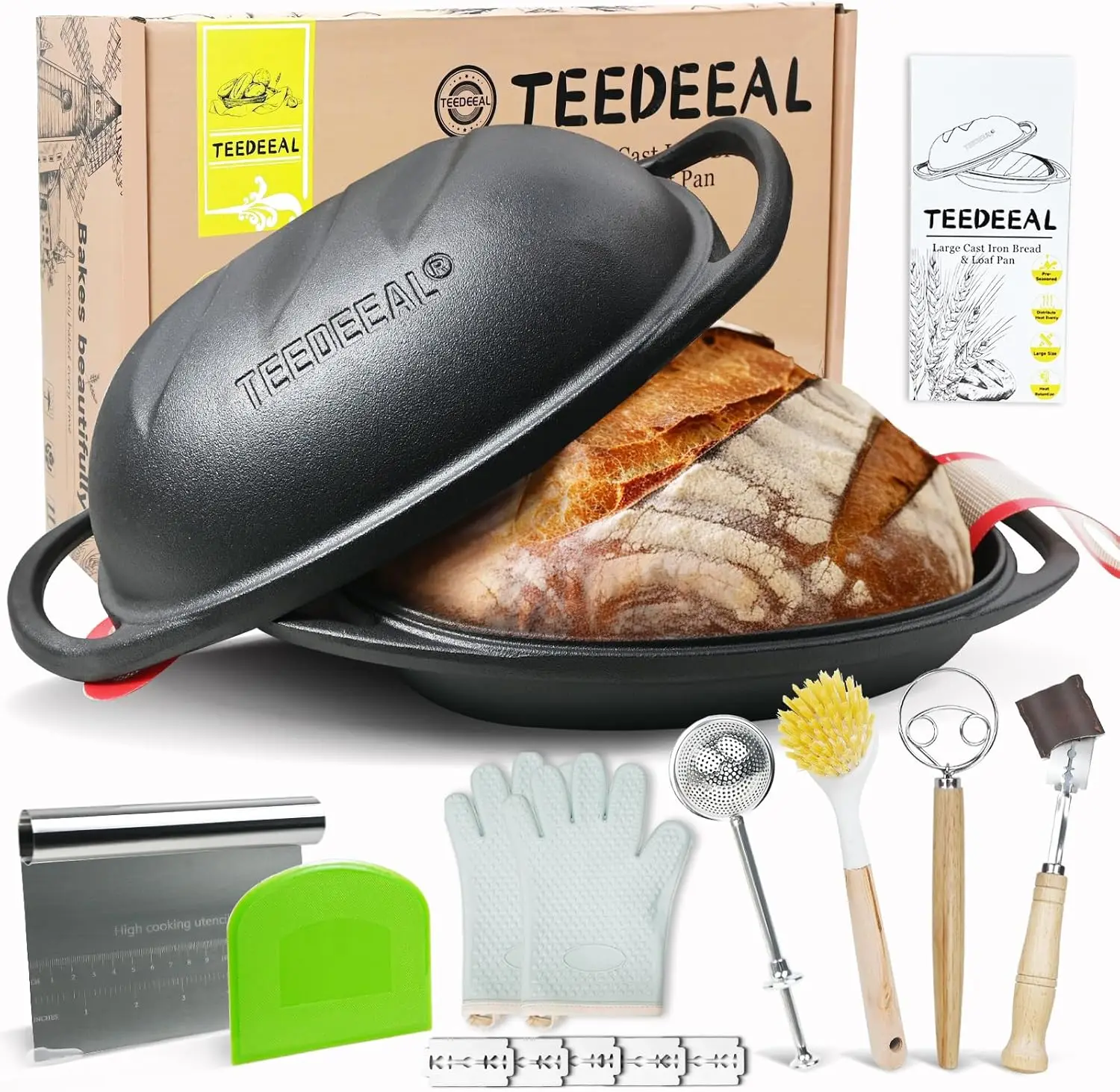 

7.8 QT Heavy Duty Pre-seasoned Cast Iron Bread Pan, Large Loaf Dutch Oven with Lid, Sourdough Bread Baking Pan - Compatible with