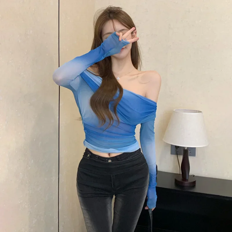 المرأة مثير المحاصيل تي شيرت الكشكشة شبكة المرقعة كم طويل بلايز الكورية نمط سليم بلوزة سيدة الخريف قبالة الكتف القمم #2