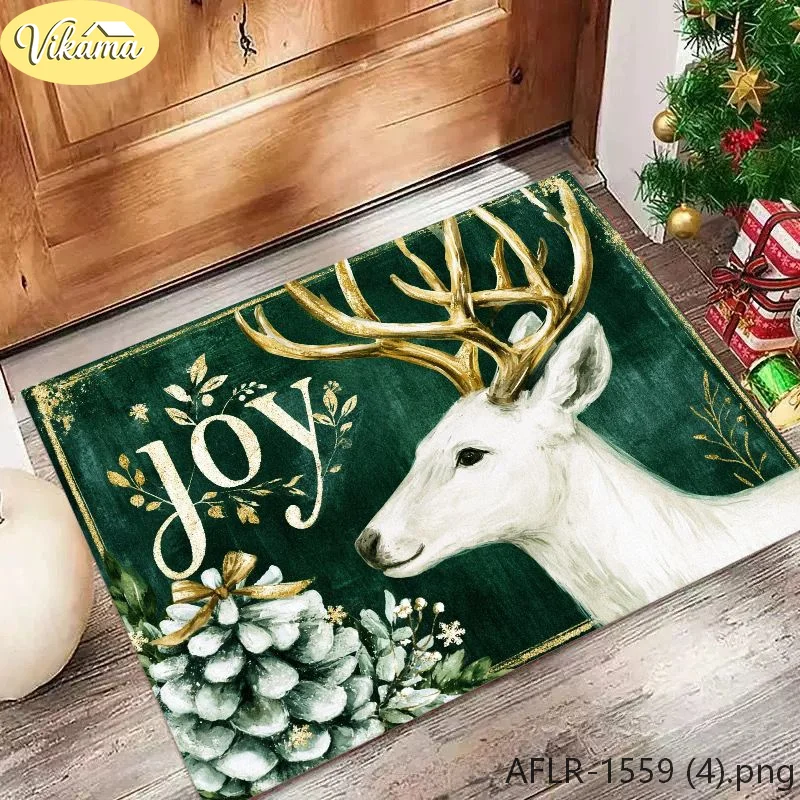 VIKAMA Reindeer Door Mat Holiday Gold Antler Stag Non Slip Soft Entrance Mat Indoor Outdoor 2027 Christmas Home Decor
