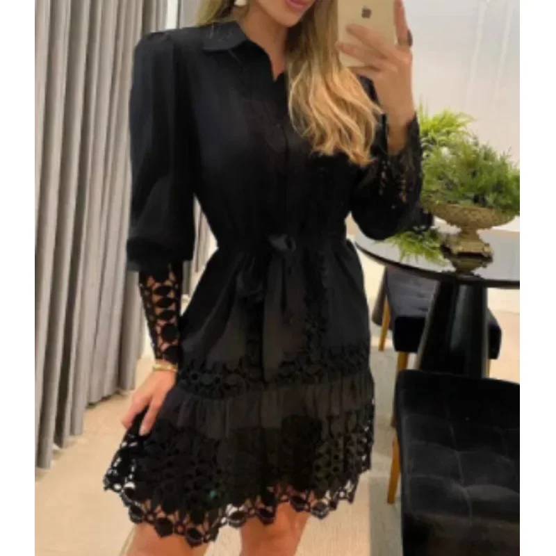 Spring Summer Shirt Dresses Women Two Piece With Lining Elegant Lace Patchwork Slim Dress Ladies Buttons Ruffles Party Dress