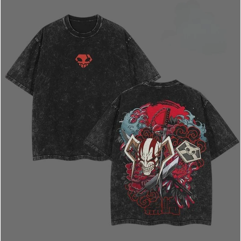 Anime BLEACH Ichigo Kurosaki Hollow Mask Vintage Washed T Shirt Unisex Oversized Casual Short Sleeve Harajuku Streetwear Tee Top