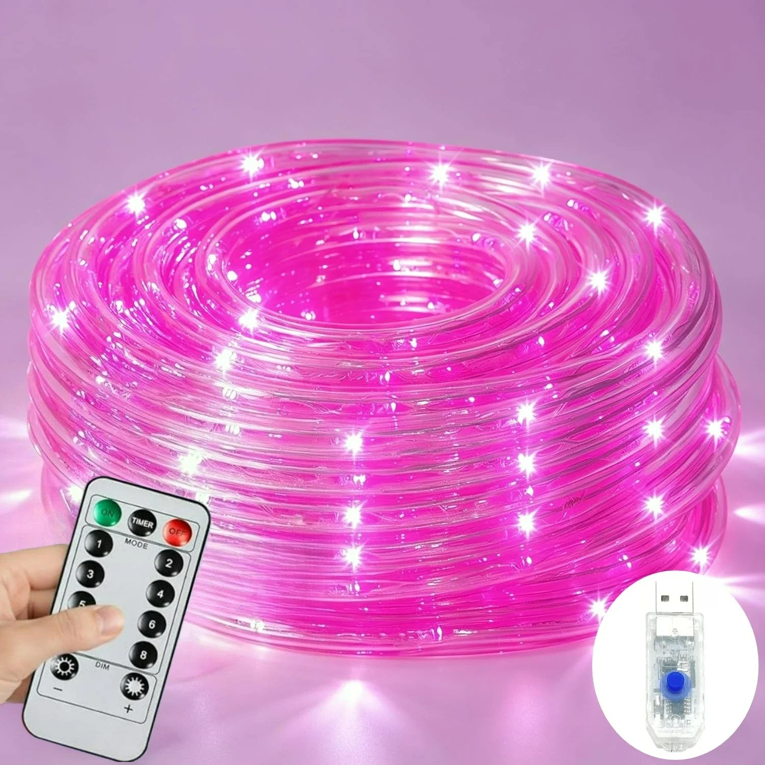 Pink LED Rope Lights USB 8 Modes Remote Timer Dimmable PVC IP65 Waterproof Tube String Lights Indoor Outdoor Valentine Decor
