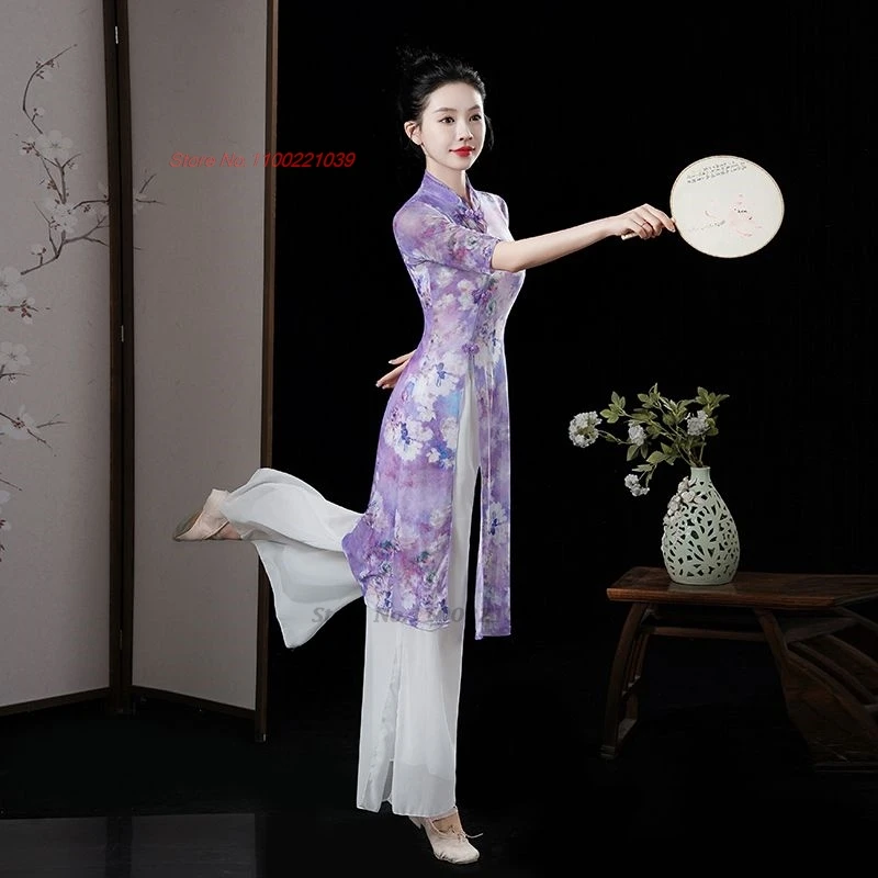 2024 chinese vintage dance dress national flower print mesh qipao dress+pants set festival folk dress stage performance qipao