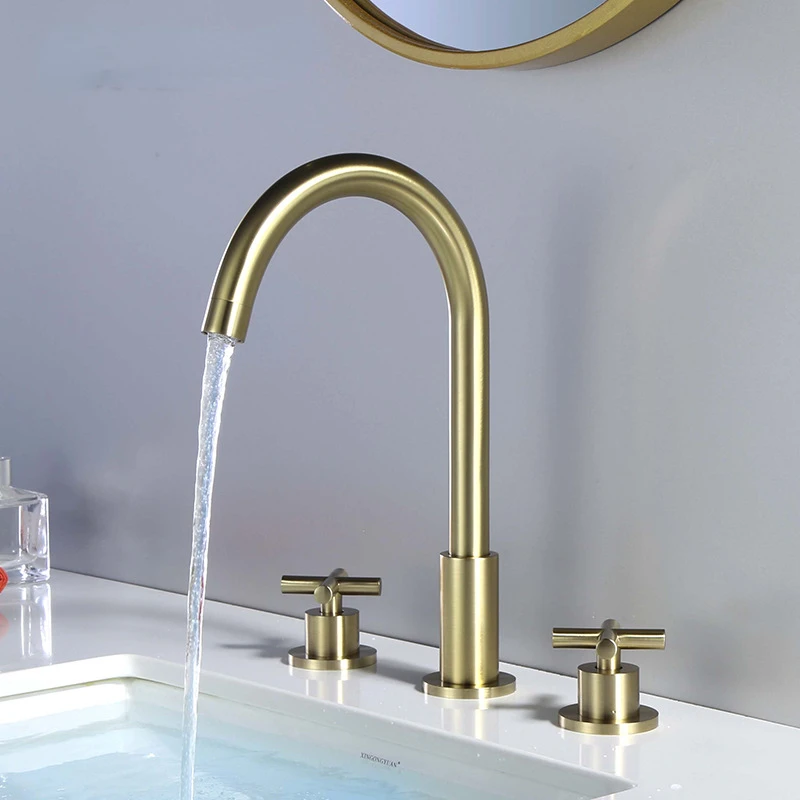 

Bathroom Faucet 360° Rotating Brushed Gold Double Handle Three-hole Hot And Cold Water Full Copper Split Basin