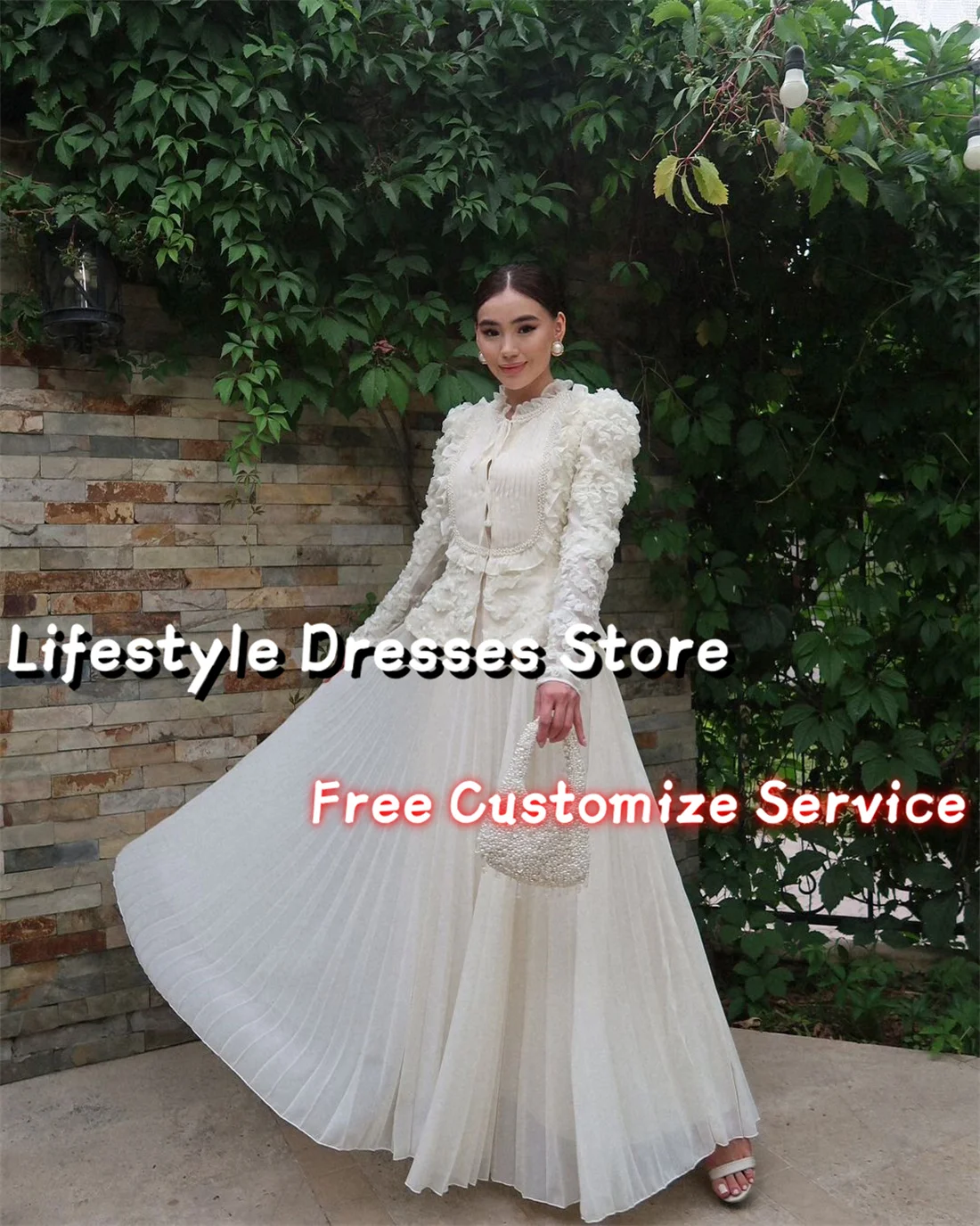 Vintage Pearls Ruffles Evening Dresses Long Sleeves A-Line Chiffon Elegant Prom Dresses 2 Piece Wedding Formal Party Gown