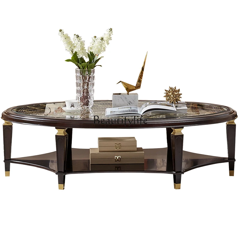 

American light luxury all solid wood oval coffee table simple European metal tempered glass coffee table