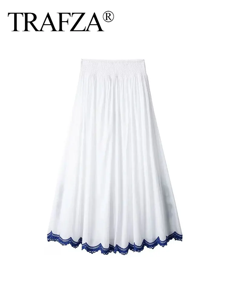 TRAFZA Trendy Blue Floral Embroidery Skirt For Women 2024 Summer A-Line Elastic Waist Drape Fashion Elegant Midi Pleated Skirts