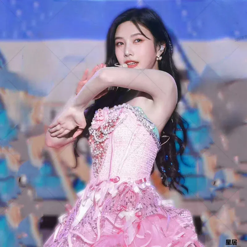 Neue Jazz Dance Kleidung Kpop Rosa Neckholder Kleid Nachtclub Sängerin Bühne Kostüme Koreanische Frauen Gruppe Festival Rave Outfits