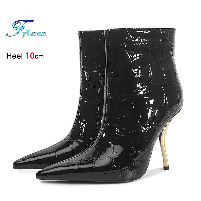 

Black Ankle Boots Glossy Patent leather Women Pointed Toe Elegant Heels Metal Stiletto 10CM Autumn Winter Shoes Female Booties