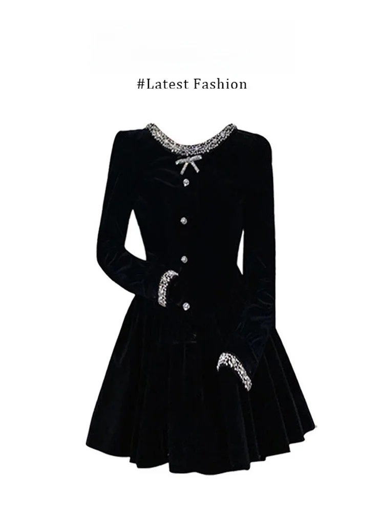Elegant Black Velvet Dress Women's Spring New Style Slimming Waist Design Long Sleeve A-Line Skirt for Daily Wear