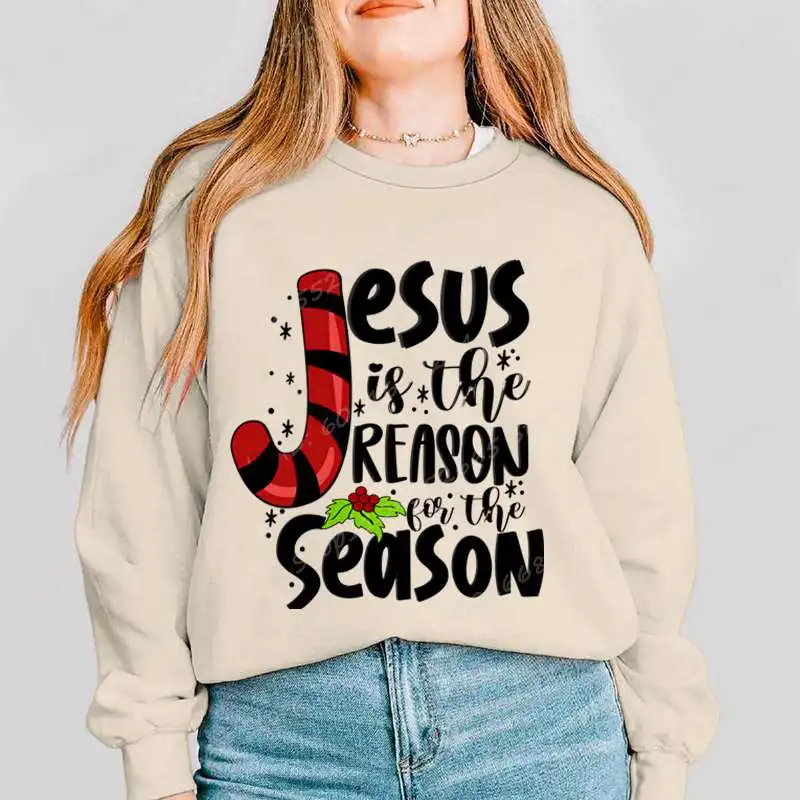 يسوع هو سبب الموسم البلوز المطبوع، هدية عيد الميلاد، بلوزات عيد الميلاد النسائية المسيحية، البلوفرات طويلة الأكمام #4