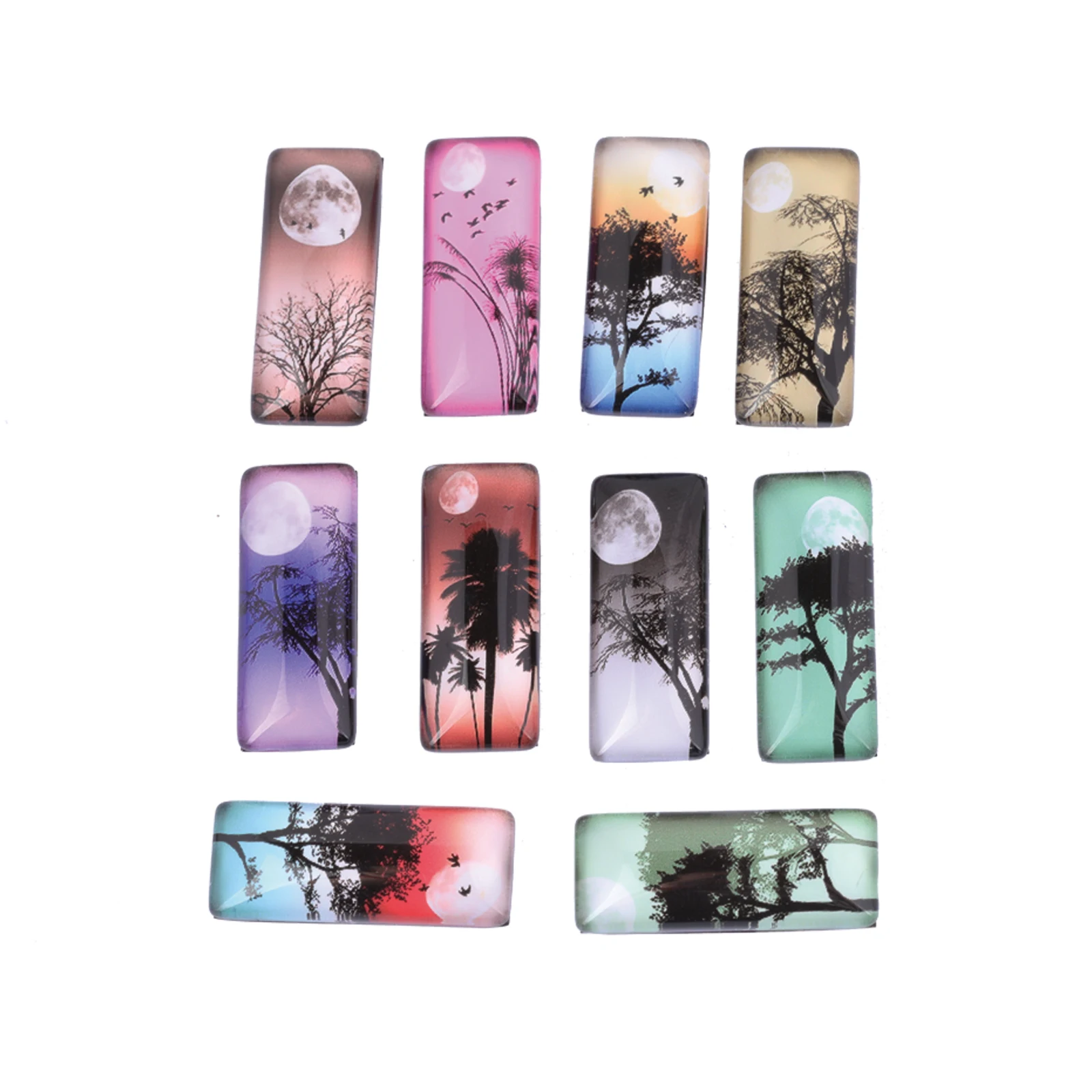 

onwear 20pcs rectangle pendant glass cabochon 10x25mm mixed night moon tree image photo cameo cabochons for jewelry making