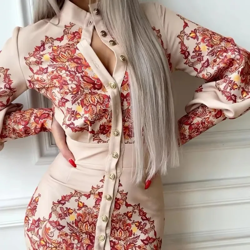 Women Summer Long Sleeve Office Slim Dresses XL Stand Collar Printed Shirt Dress Spring Single-breasted Elegant Long Party Dress