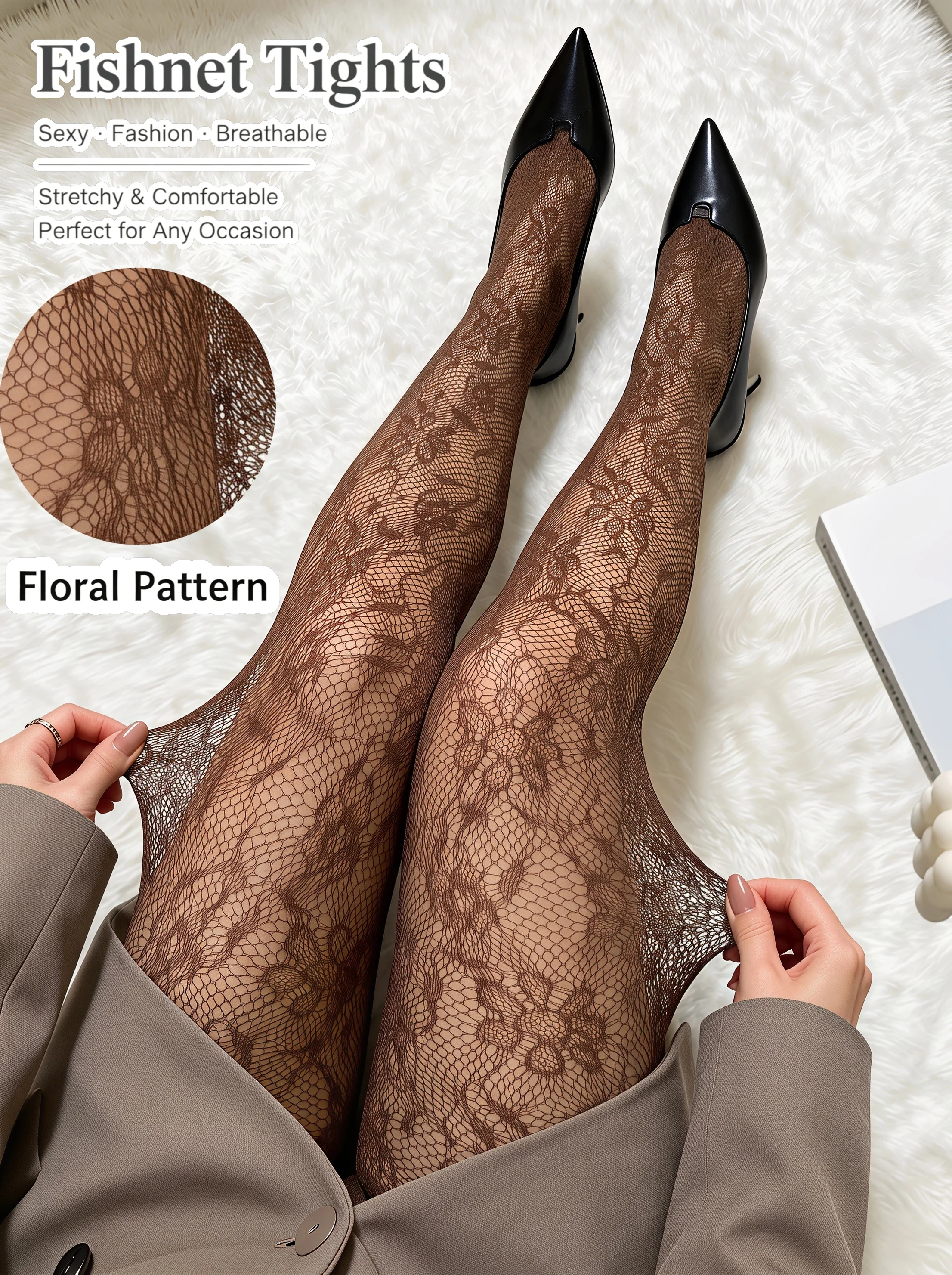 1‑Pack Women's Coffee Vintage Floral Fishnet Tights High Elastic Knitted Elegant Gentle Mesh Pantyhose