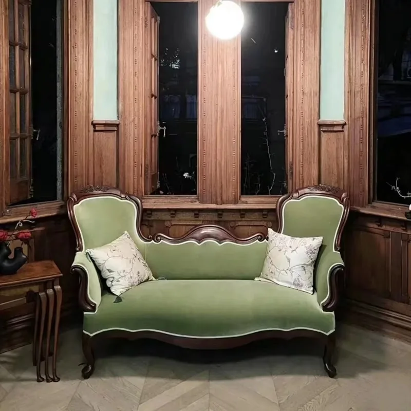 Vintage velvet sofa solid wood carving flower frame sofa suitable for small living room