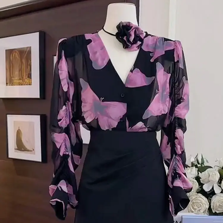 Haut Plissé à Col en V pour Femme, Chemise Imprimée, Niche, Tendance, Nouveau