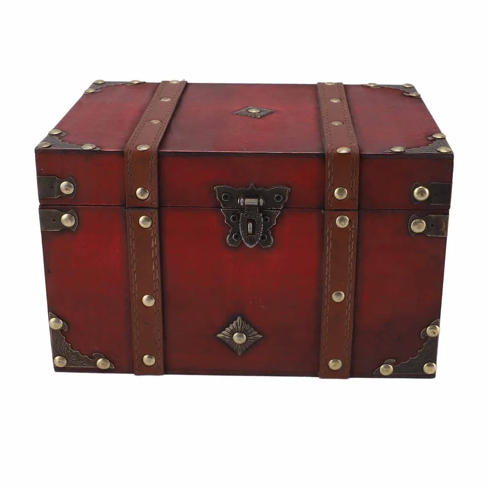 Grey Wooden Storage Box Large Exquisite Decorative Treasure Chest Lockable Lid Red Wooden Box With Lock Home Bedroom Decor