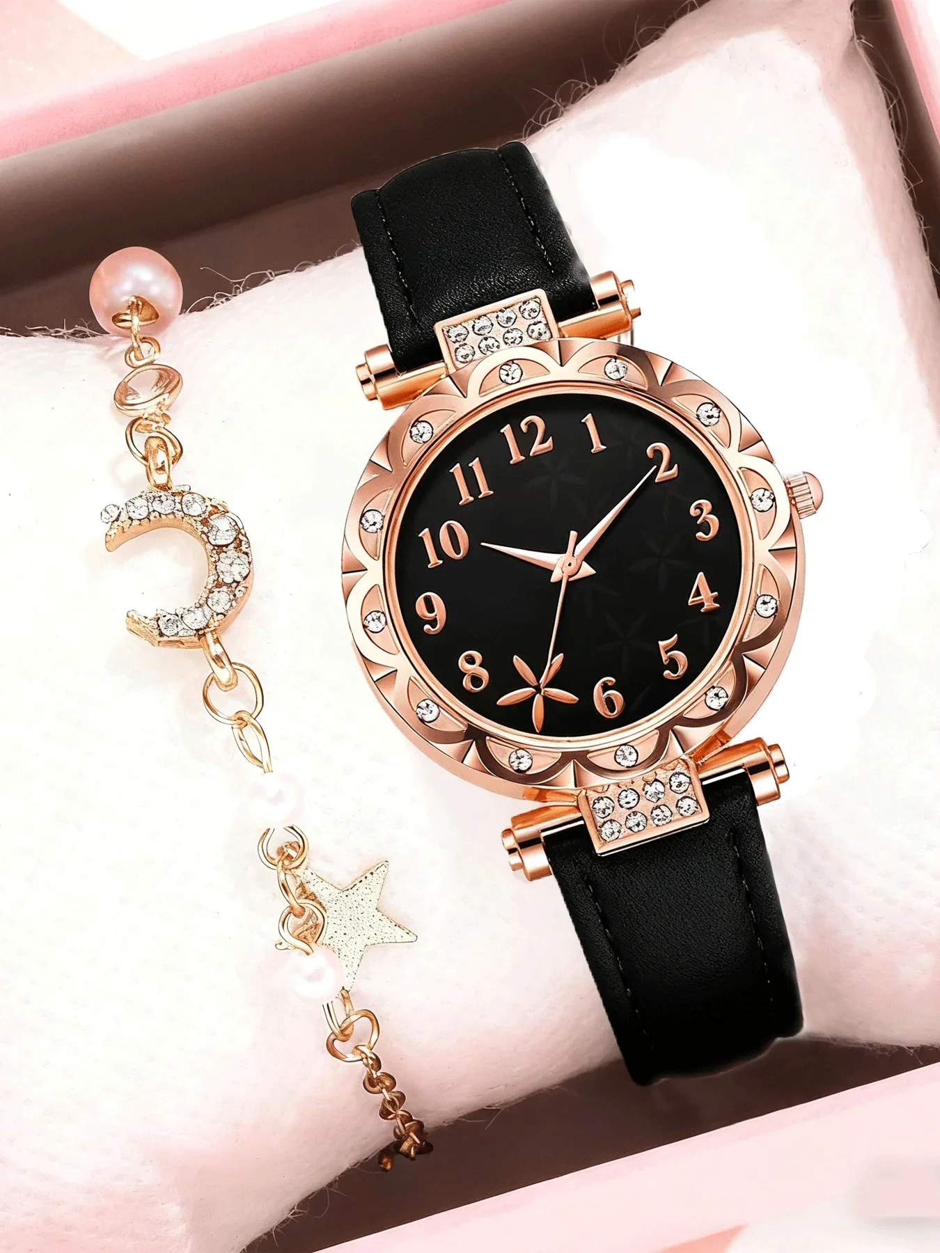 Women Moon Star Rhinestone Watch 2Pcs Set Quartz Wristwatch Pink PU Band Pearl Bracelet Jewelry Set