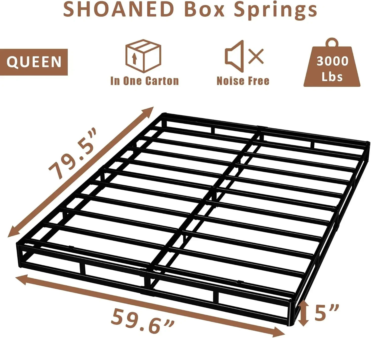 Queen Size Box Springs - 5 Inch Low Profile Mattress Foundation No Noise Heavy Duty Metal Basics Bed Base with Clean Fabric Cove