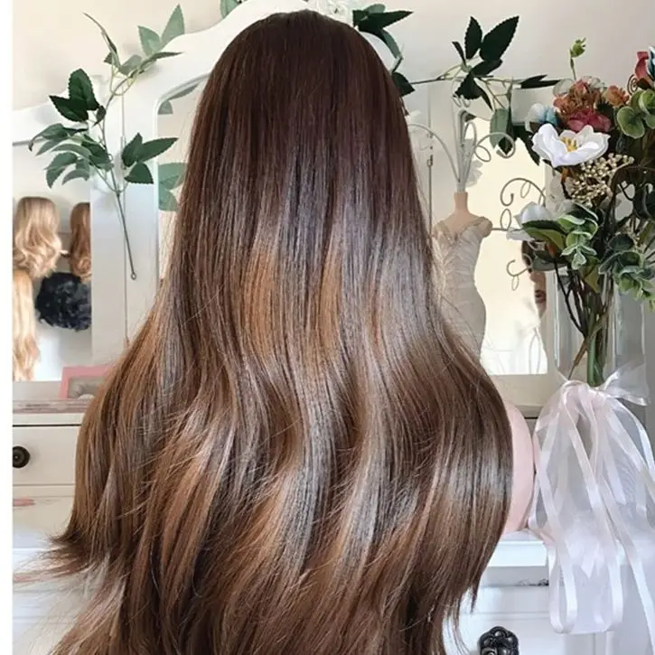 Perruque Lace Front Wig ondulée avec frange pour femmes, cheveux synthétiques, brun chocolat ombré, cosplay