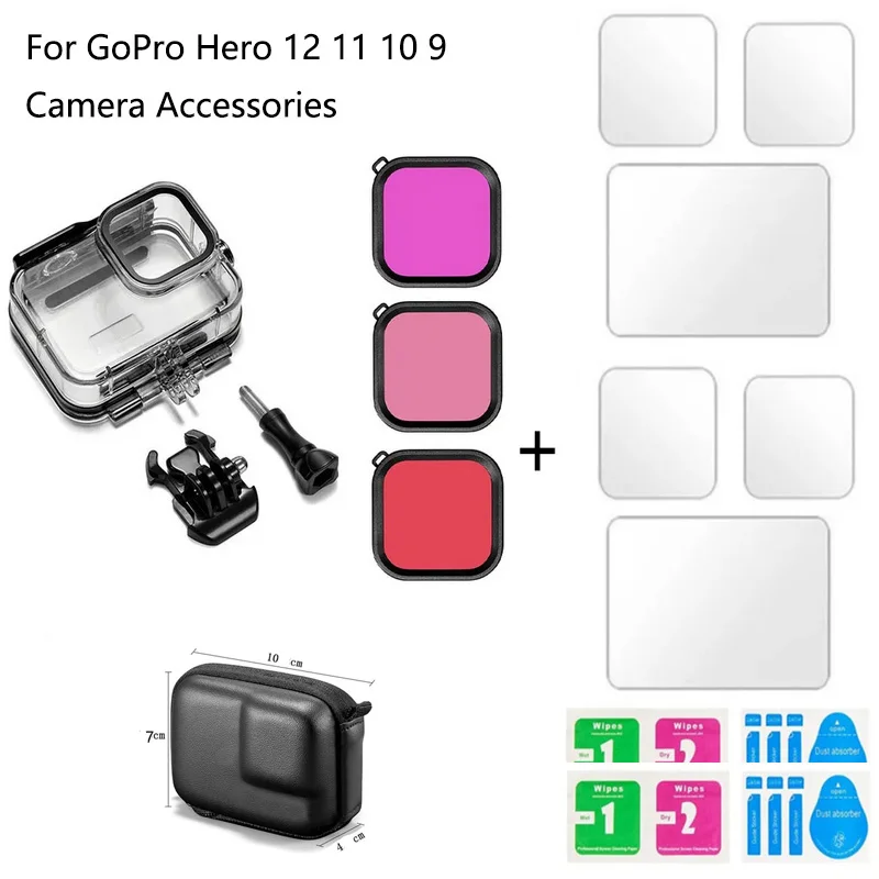 Underwater 60m Waterproof  Dive Case+Filter+Mini Carrying Bag+9H Tempered Glass for GoPro Hero 12 11 10 9 Camera Accessories