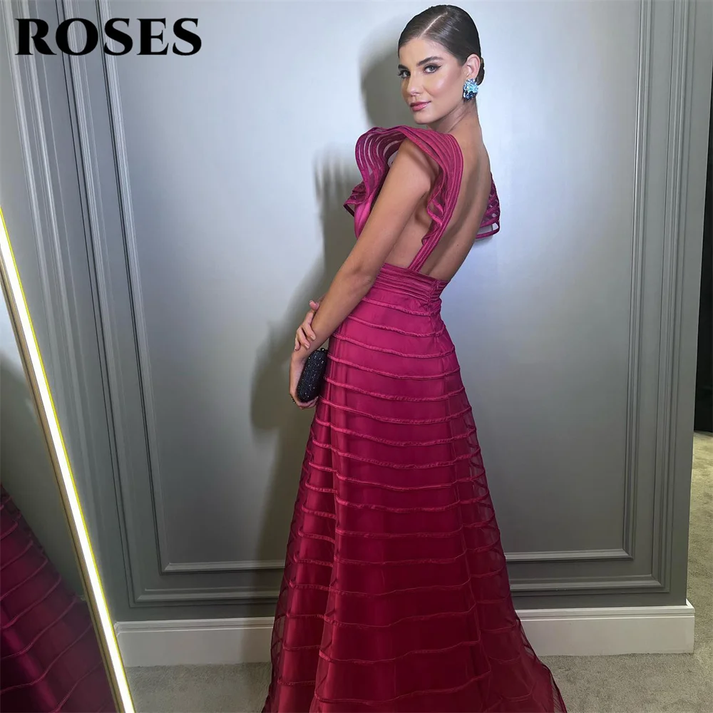 ROSES A Line Fuchsia Formal Dresses Pleat Night Dresses Women\'s Evening Dresses Deep V Neck Wedding Party Dress robe de bal