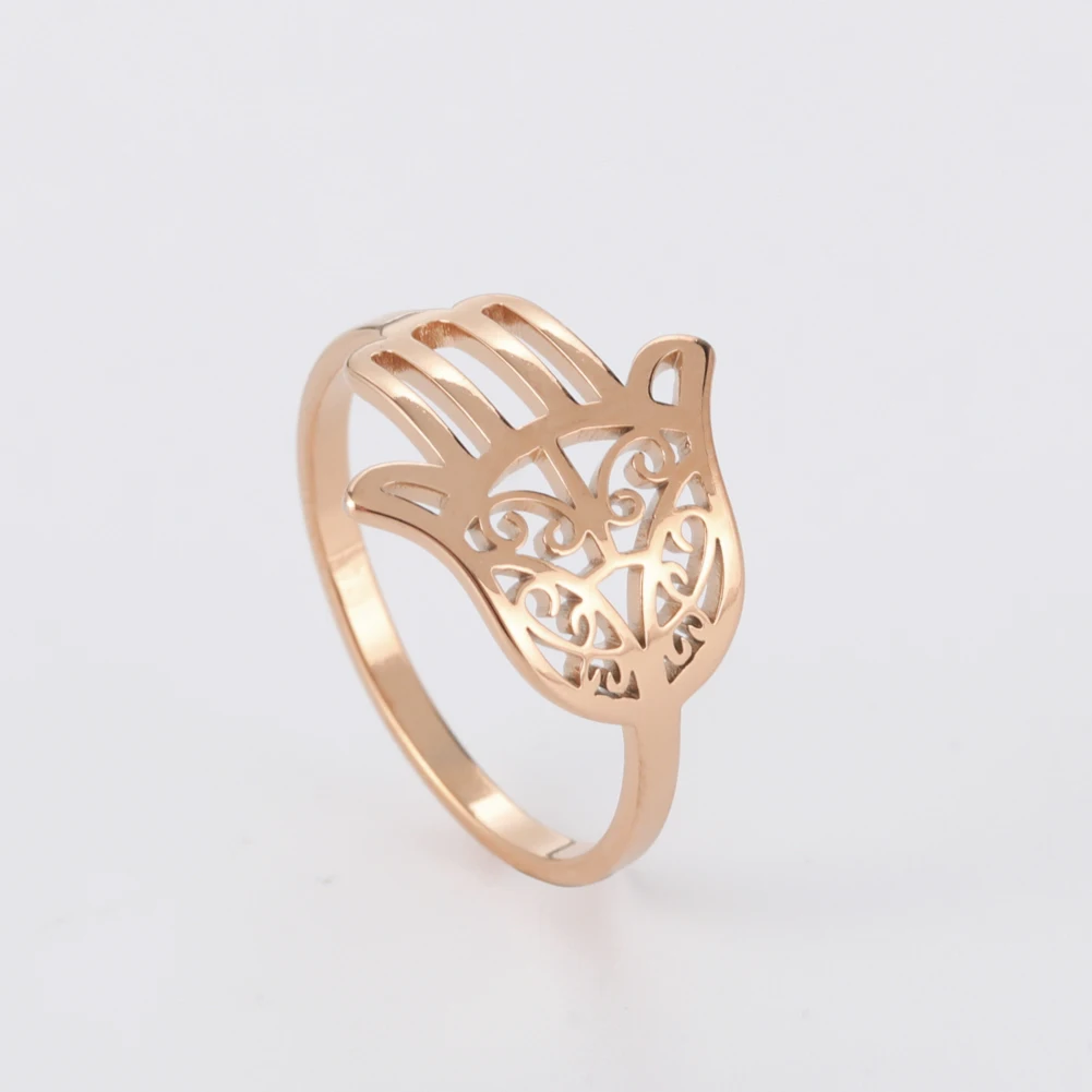 Kkjoy Damenringe, silberfarben, Hamsa, Hand der Fatima, Edelstahl, weibliche Persönlichkeit, hohler Schmuck, Accessoires, Mädchen-Geschenk – Detail 2