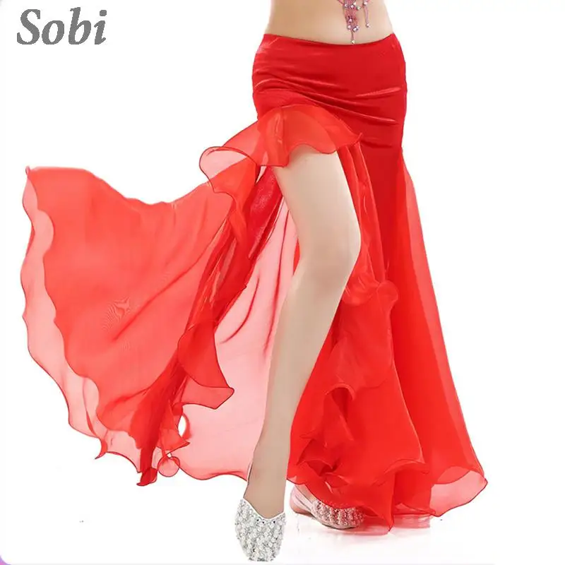 Women Belly Dance Performance Skirt Sexy Split Long Chiffon Skirt Low Waist Swing Dance Wear Carnival Party Dancing Clothing