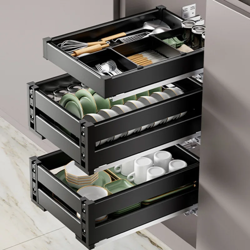 

Кухонный шкаф Трехслойная выдвижная корзина из алюминиевого сплава Направляющая для демпфирования хранения Функция Многофункциональная двухслойная тяга