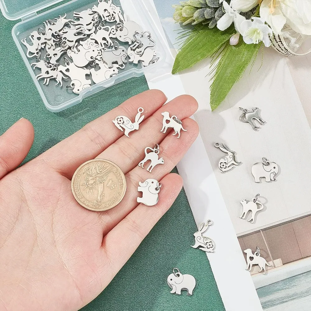 40Pcs 4 Style Stainless Steel Pendants 3mm Hole Flat Blank Charms with Elephant/Easter Bunny/Cat/Dog Shapes for Jewelry Making