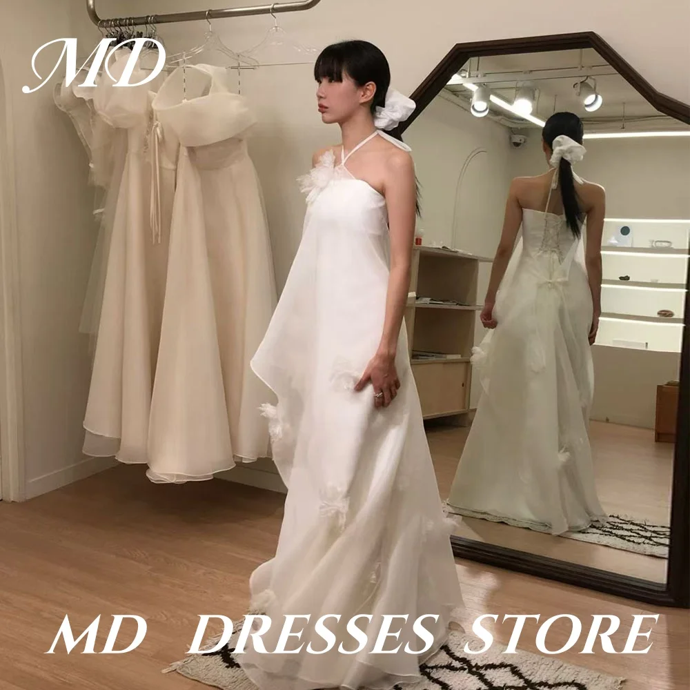 

MD Simple White A-line Wedding Dresses Halter Tiered 3D Flower Bride Gowns Korea Photo shoot Organza Floor-Length Customized