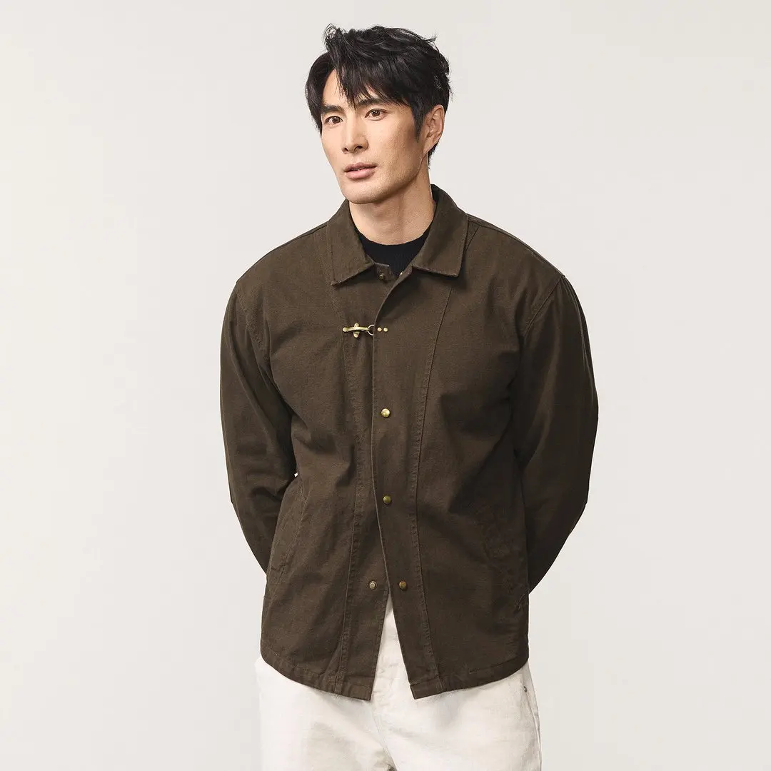 Men's Metal Buckle Loose Casual Long Sleeve Pure Cotton Vintage Commute Cargo Shirts Style Jacket Spring Autumn Coat