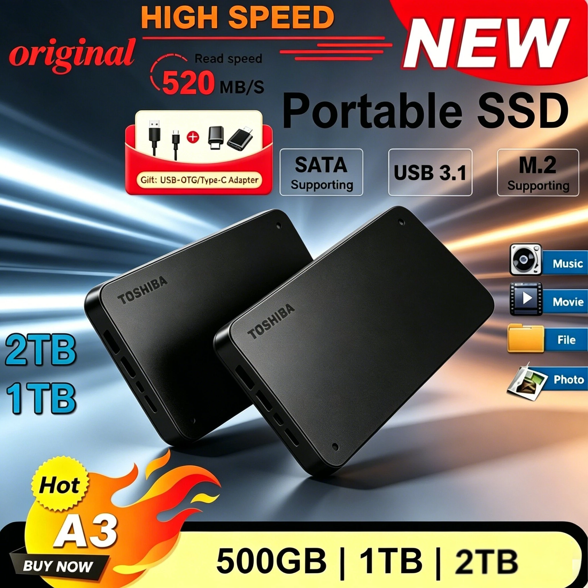 

For Toshiba Canvio Basics A3 USB 3.0 Portable External Hard Drive HDTB410YK3AA 500GB 1TB 2TB Black Mobile HDD