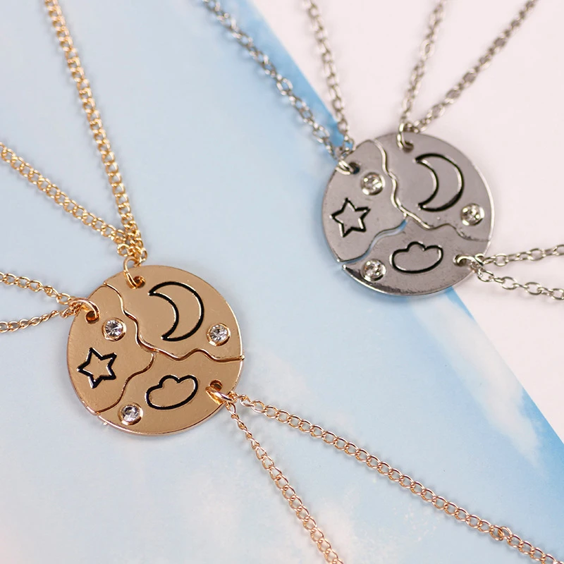 3/4 Piece Set Best Friends Friendship Necklace Sun Moon Cloud Star Inlaid Rhinestone Stitching Necklace