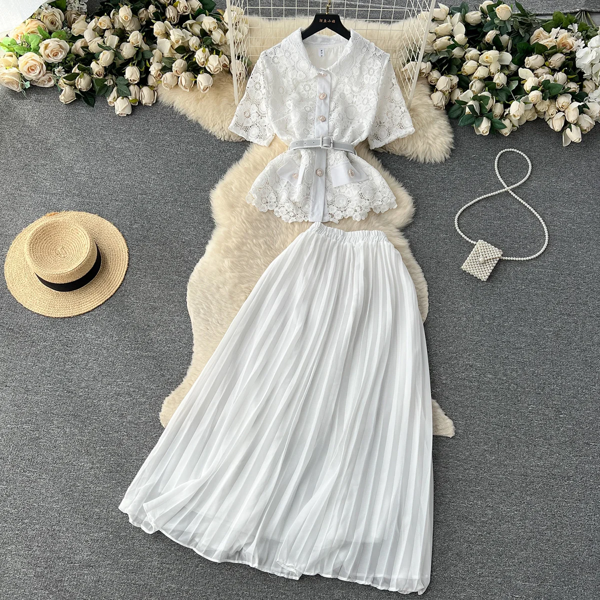 Croysier Vintage Elegant Office Matching Sets Short Sleeve Belted Openwork Lace Shirt And Long Pleated Skirt Sets Womens 2 Piece