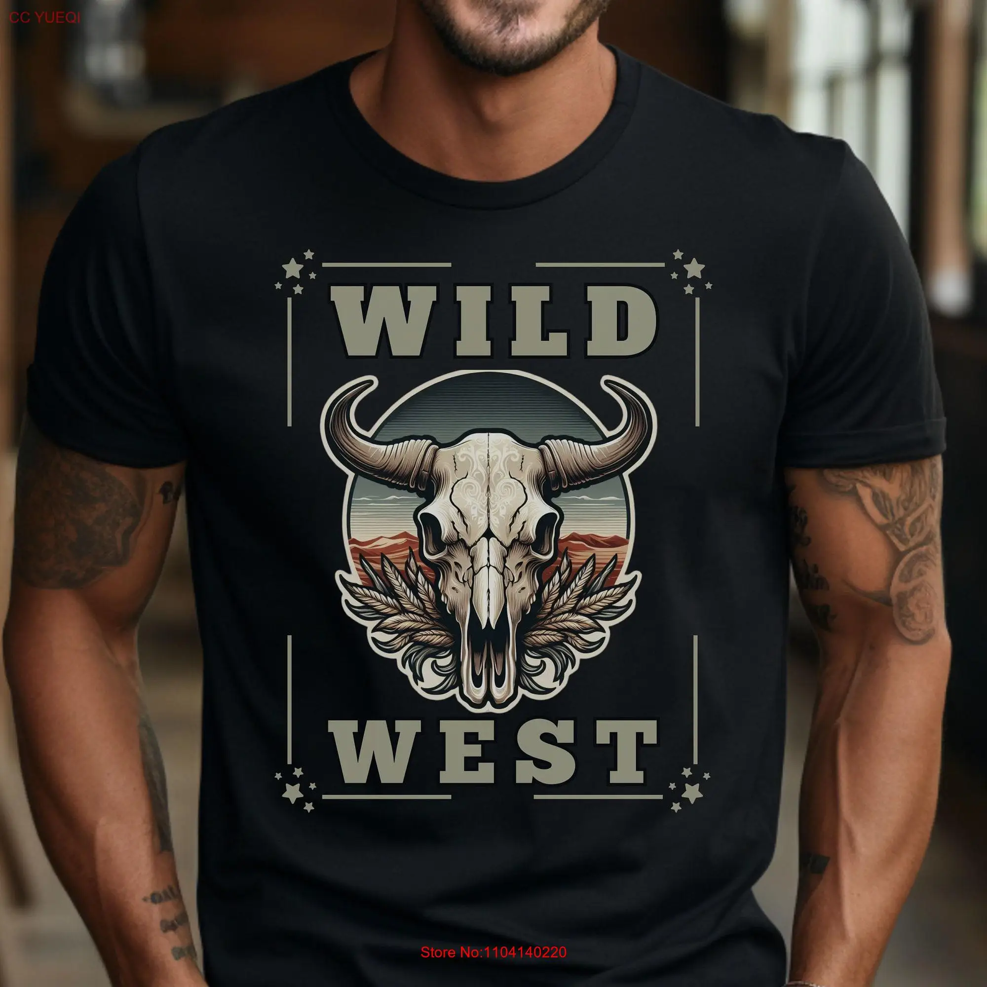 

Wild West Desert Cow Skull T Shirt Bull Country Western Cowboy Men's Rodeo Clothing s long or short sleeves