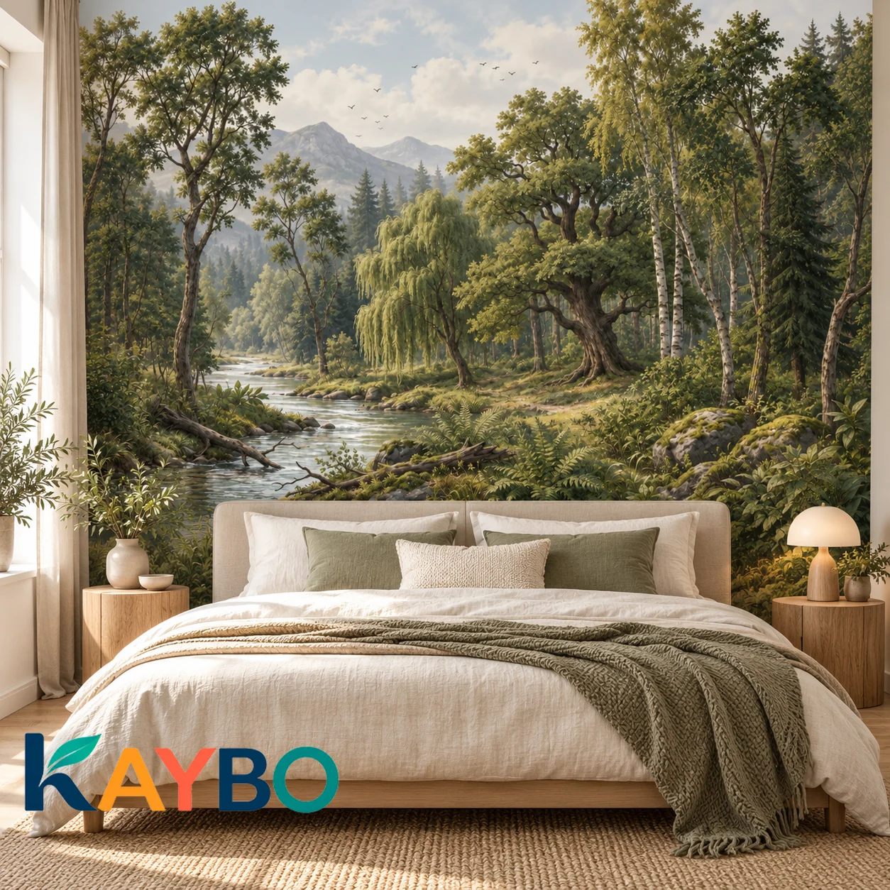Forest Wallpaper Mural Scenic River Landscape Mountain Woodland Natural Wall Decor for Living Room and Bedroom Non Self Adhesive
