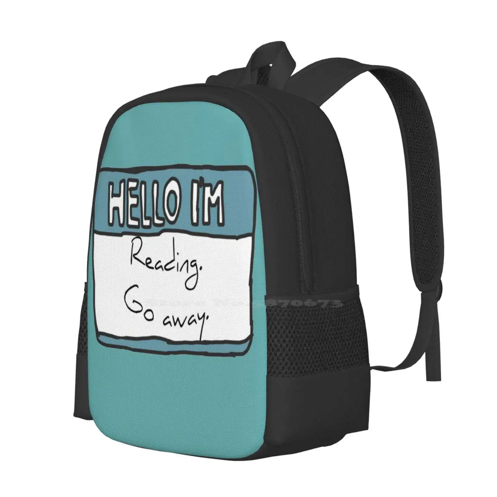 Hello I'm Reading School Bag Big Capacity Backpack Laptop Reading Quote Hello Im Books Hand Words Name Tag Cute Quirky Blue