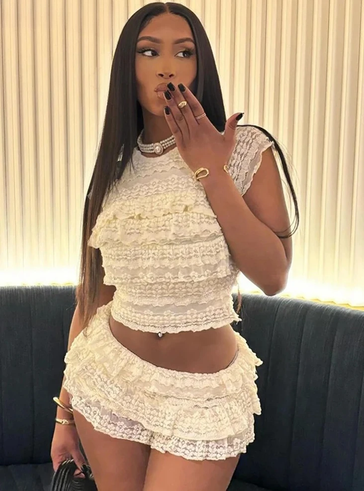 

Сексуальный многоуровневый женский комплект из 2 предметов, летний элегантный тонкий топ с оборками + шорты, юбки, одинаковый костюм для полуночного концерта и вечеринки